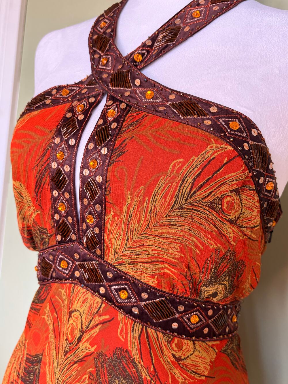 Debut Star Silk Y2K Boho Peacock Print Beaded Halter Beaded Evening Dress Size 1